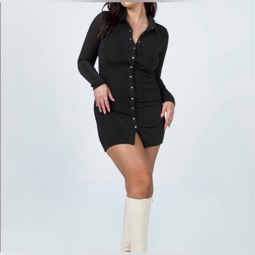 Princess Poly elody long sleeve mini dress in black with silver snap buttons NWT
